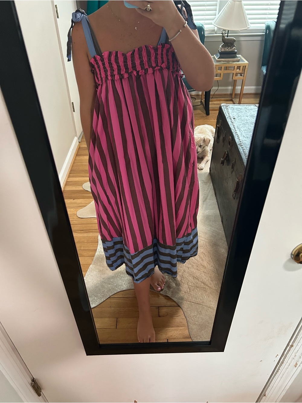 Buru XS/s Striped Tie-Shoulder Midi Dress in Pink, Dark purple and Blue